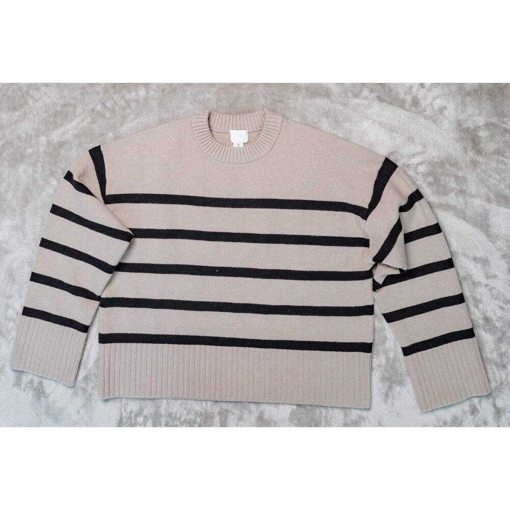 H&M Loose Fit Heather Tan Black Striped Crewneck Sweater Womens Size L
